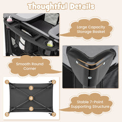 Close-up views of the portable nursery center's storage basket, smooth edges and supporting structure