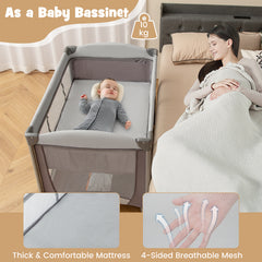 Baby sleeping in the grey nursery center as a bassinet