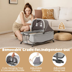 Removable grey cradle with toys and adjustable feet
