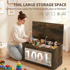 HOMCOM 100L Home Storage Box, with Safety Hinge - Rustic Brown Wood-Effect