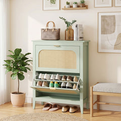 HOMCOM Narrow Shoe Cabinet, Boho Slim Shoe Storage Cabinet with 2 Flip Drawers, Holds 14 Pairs, Light Green