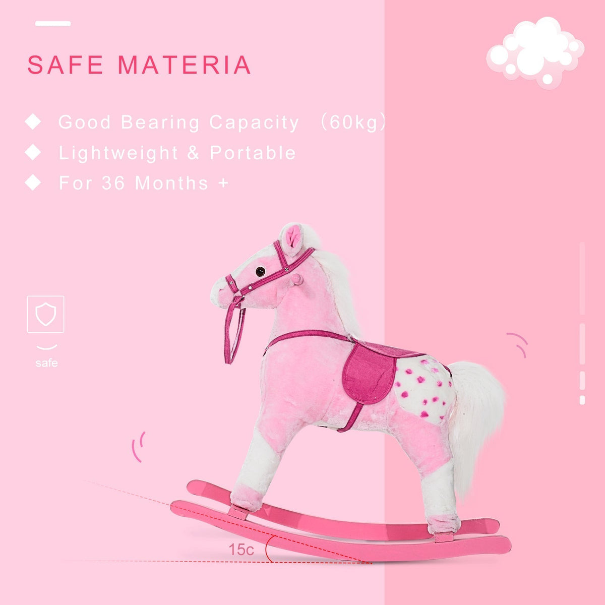 HOMCOM Baby Rocking Horse Plush Ride on Animals Rocker with Sound Handle Grip for Kids 3-6 Years - Pink
