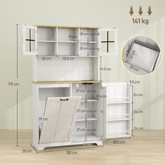 HOMCOM 175cm Tall Kitchen Cabinet, Kitchen Cupboard with Rubbish Bin Cabinet, 3 Door Shelves and 2 Acrylic Doors, White