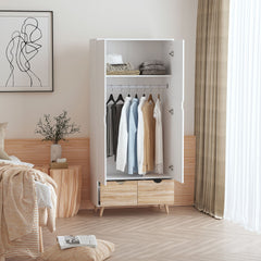 HOMCOM 2-Door Clothes Wardrobe w/ Rail Shelf 2 Drawers Wood Feet Elegant Home Storage Organisation Furniture, White