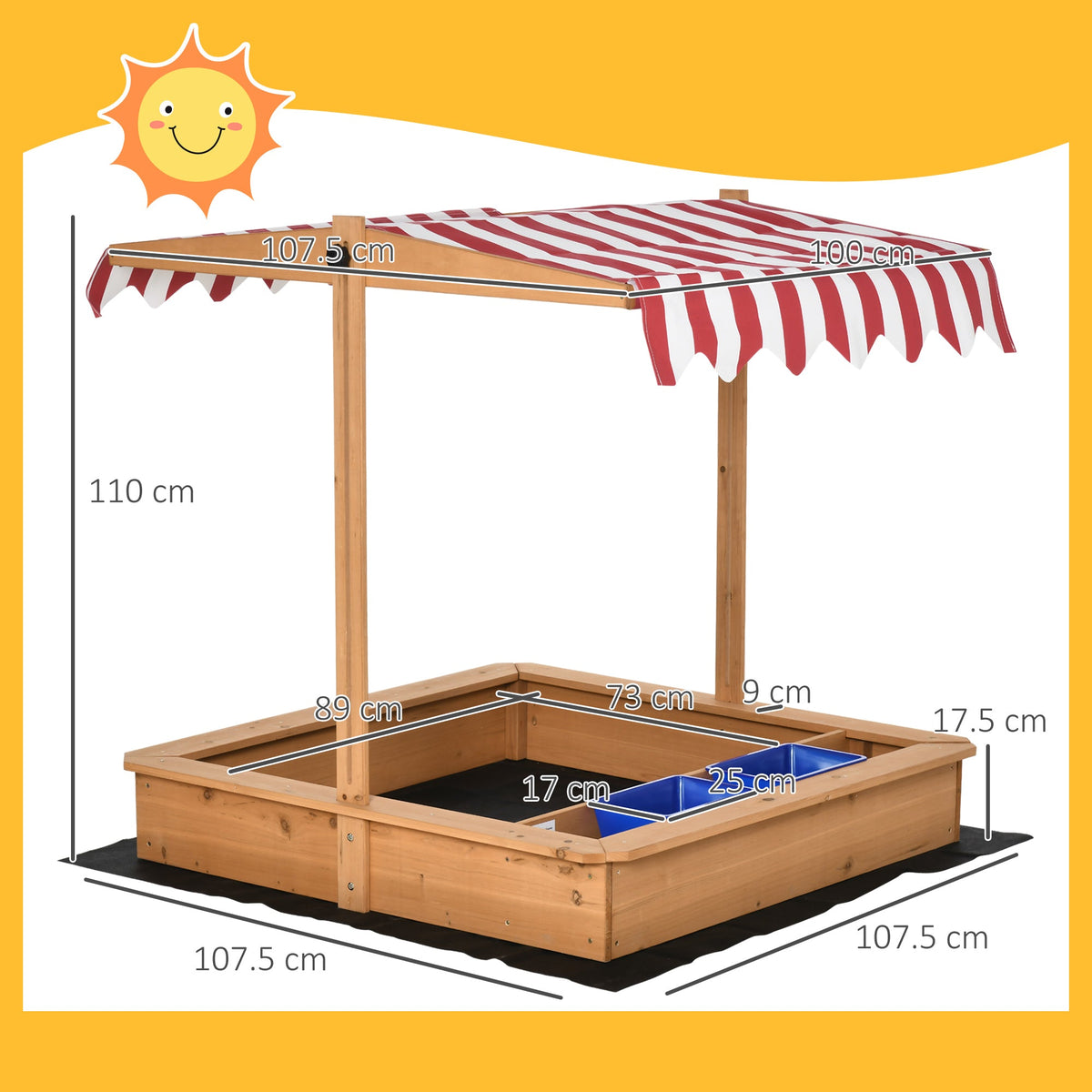 Outsunny Sand Pit Kids Wooden Sandbox with Cover Children Sandpit Play Station Height Adjustable with Canopy, Bottom Liner
