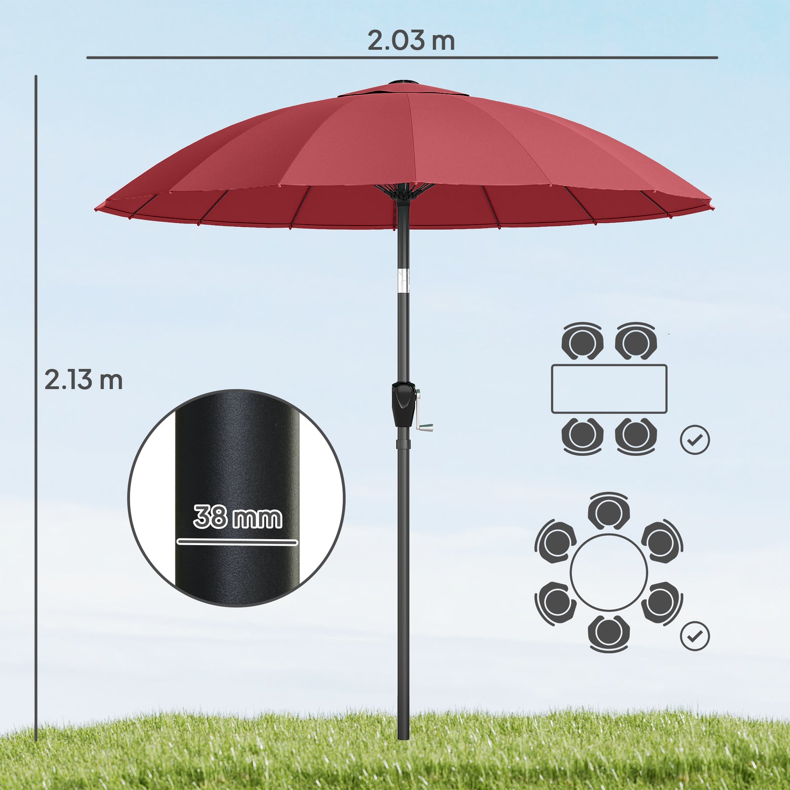 Outsunny 2 m Shanghai Garden Parasol Umbrella with 16 Fibreglass Ribs, Outdoor Parasol Sun Shade with Crank & Tilt, Wine Red