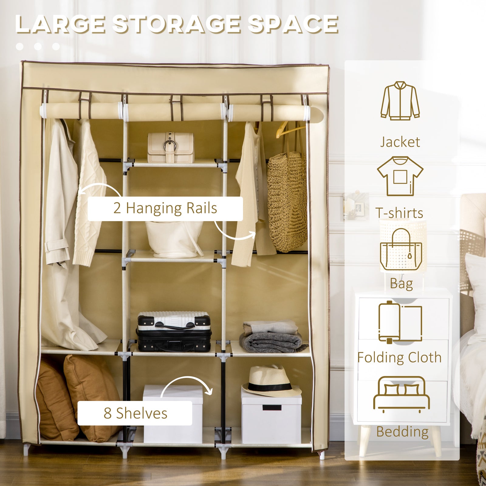 HOMCOM Fabric Wardrobe, with Rails and Shelves - Beige