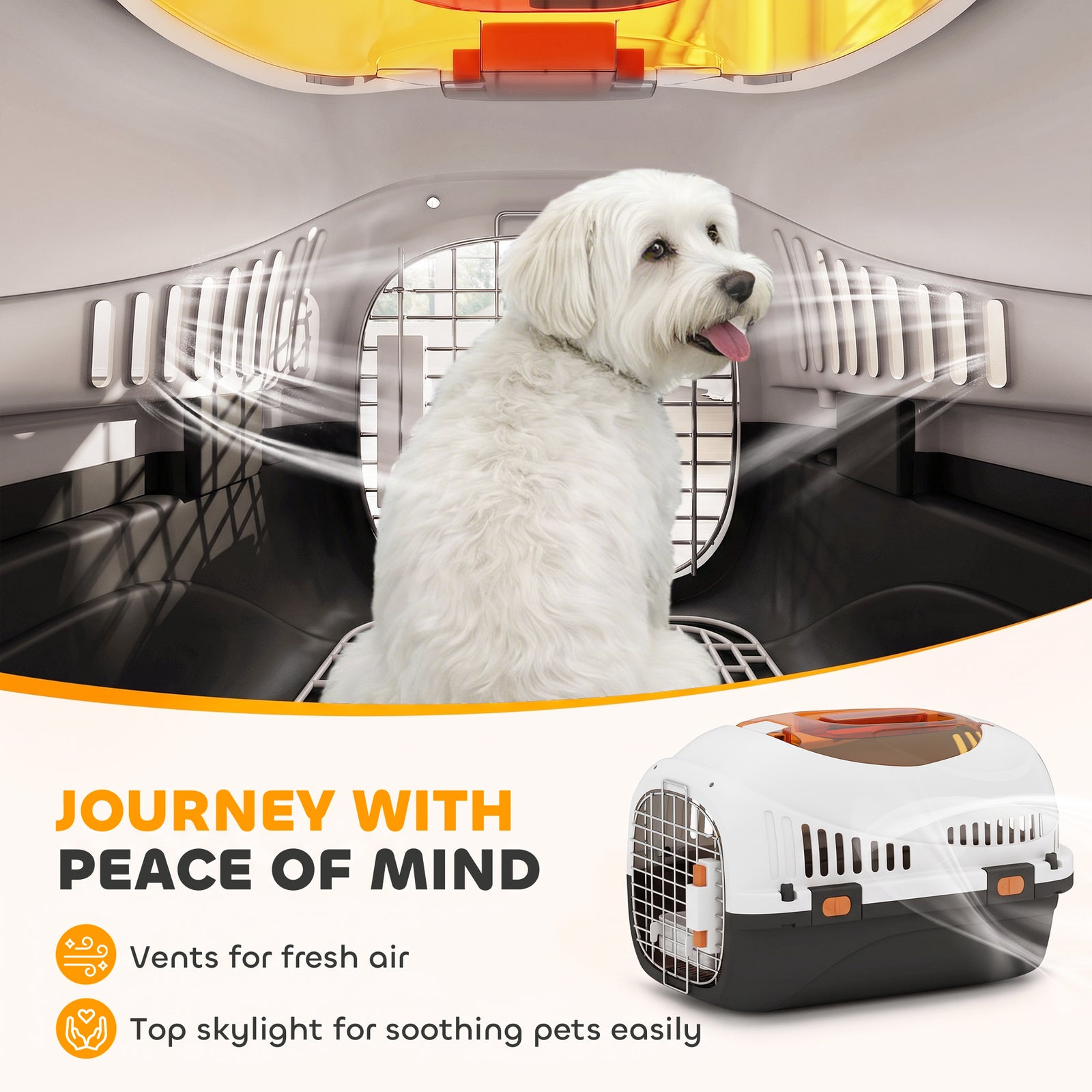 PawHut Plastic Pet Carrier Hard Shell Dog Cat Carrier Max 4 KG Steel Door Feed Bowl Secure Lock 49 x 32 x 31 cm