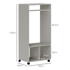 HOMCOM Open Wardrobe on Wheels, Bedroom Wardrobe with Clothes Hanging Rail, 2 Storage Shelves, Mobile Garment Rack for Cloakroom, Hallway, Grey