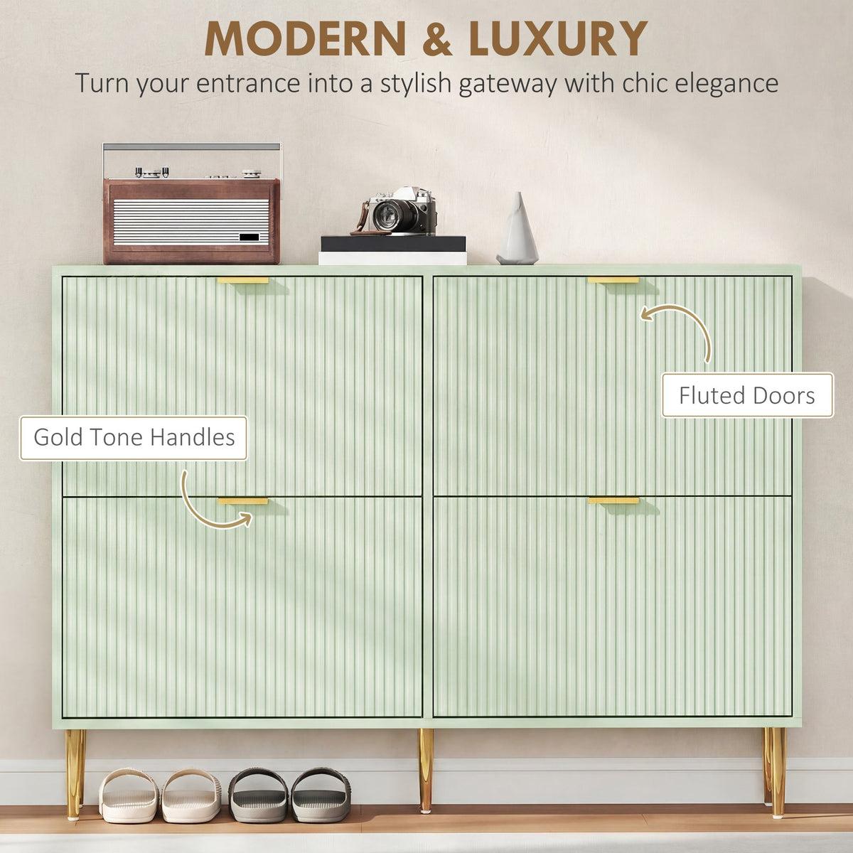 HOMCOM Elegant Four-Drawer Shoe Cabinet - Light Green