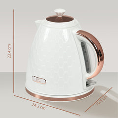 Cream honeycomb kettle with rose gold accents shown with dimensions for height and width