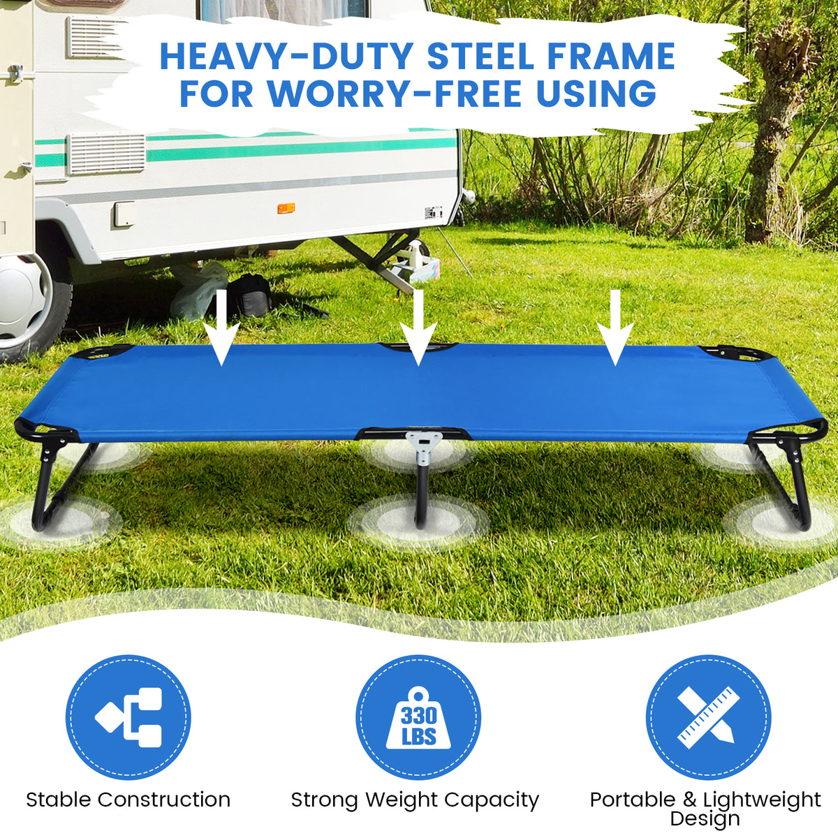 Folding Camping Bed with Non-slip Feet for Travel Patio Beach-Blue