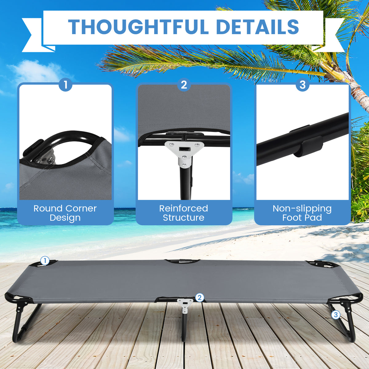 Folding Camping Bed with Non-slip Feet for Travel Patio Beach-Grey