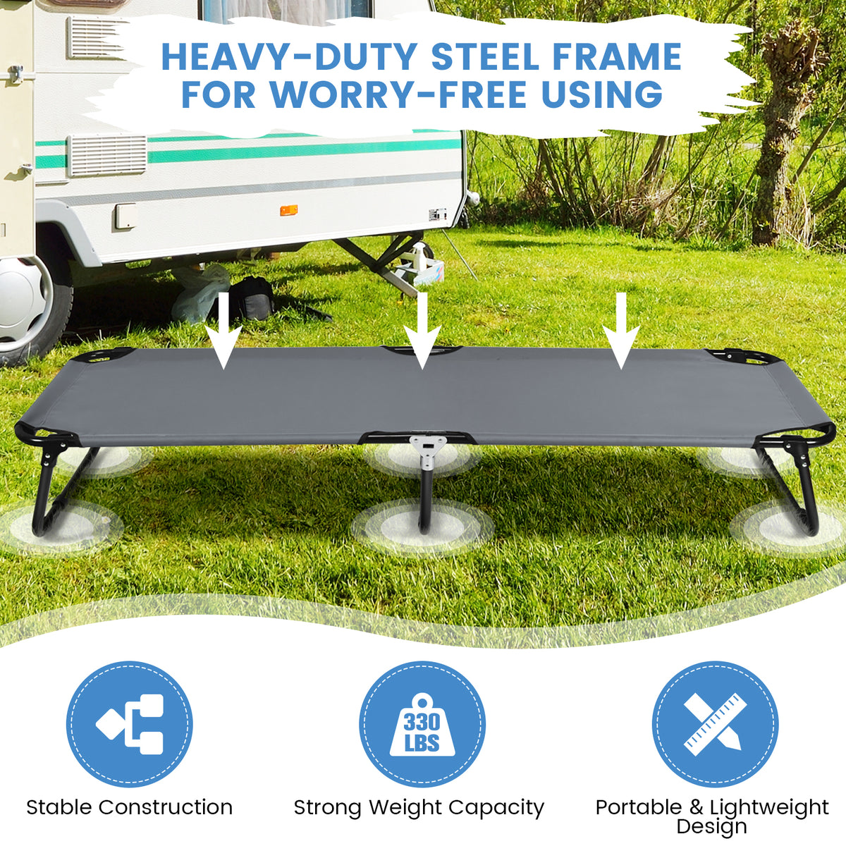 Folding Camping Bed with Non-slip Feet for Travel Patio Beach-Grey