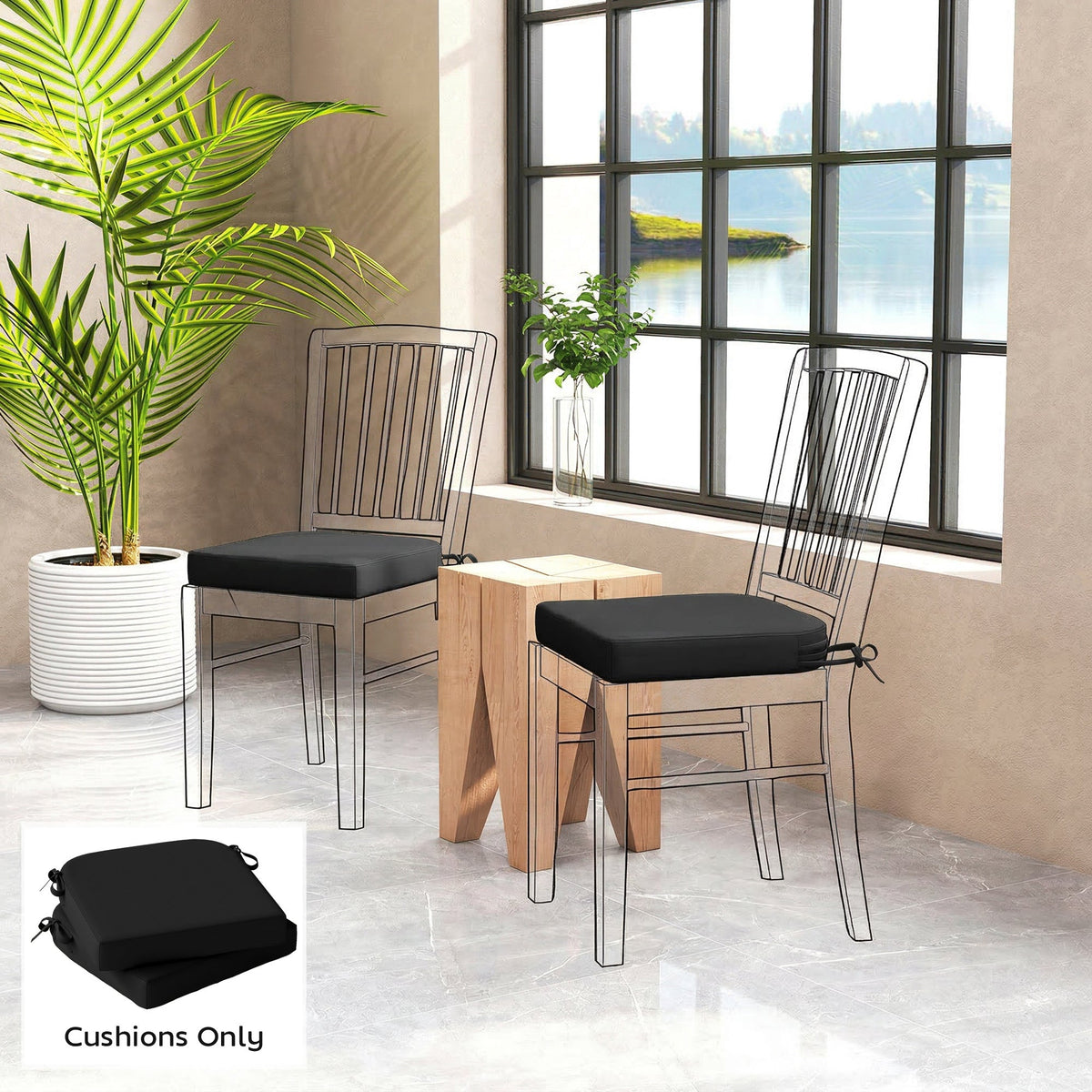 Outsunny Outdoor Chair Seat Cushions Set of 2, Garden Chair Cushions with 7cm Thick Foam & Ties, Black