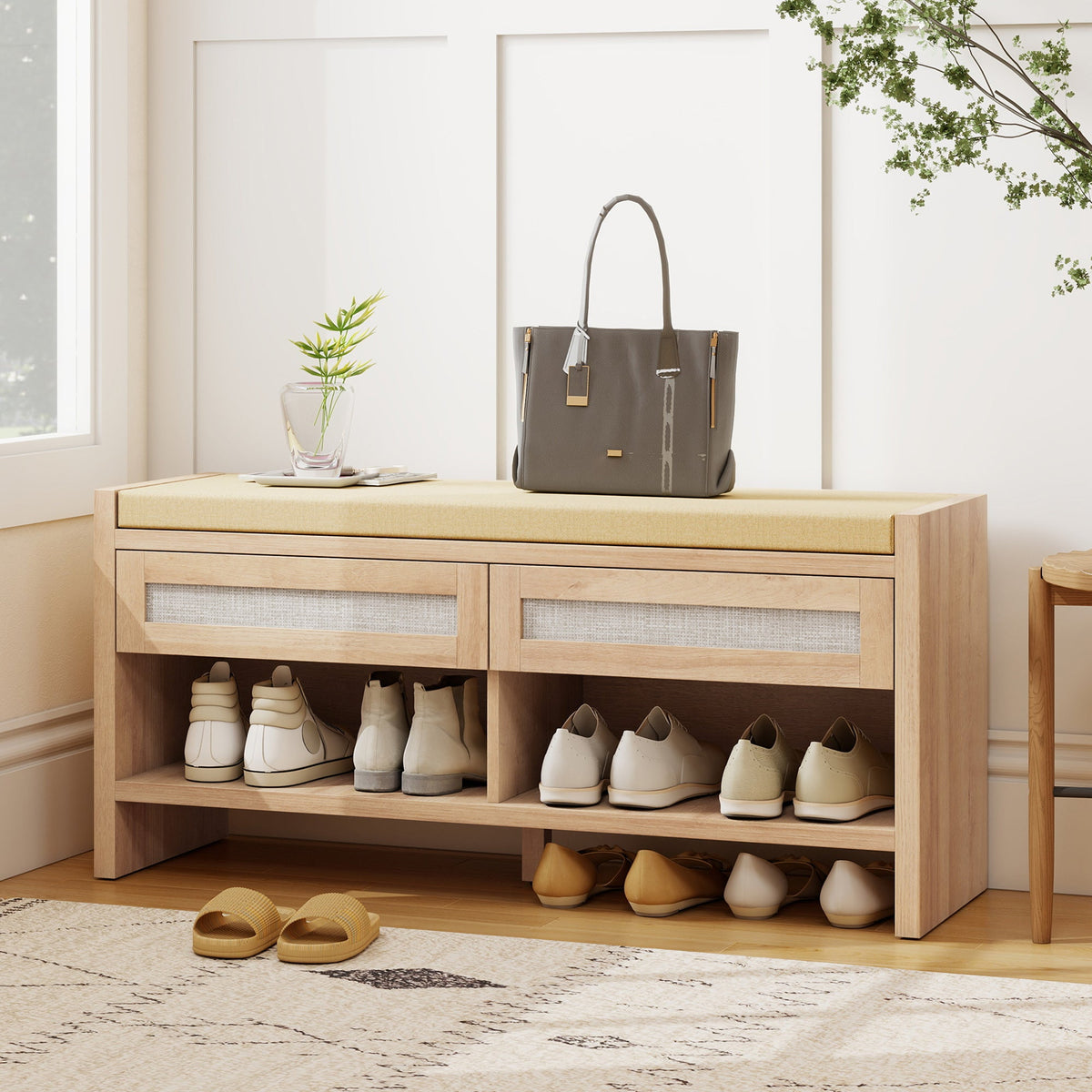 HOMCOM Boho Shoe Bench with 2 Rattan Drawers, Shoe Storage Bench with Cushioned Seat and Open Shelf Oak Wood Effect