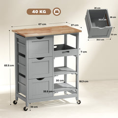 HOMCOM Rolling Kitchen Island Cart, Bar Serving Cart, Compact Trolley on Wheels with Wood Top, Shelves & Drawers, Grey