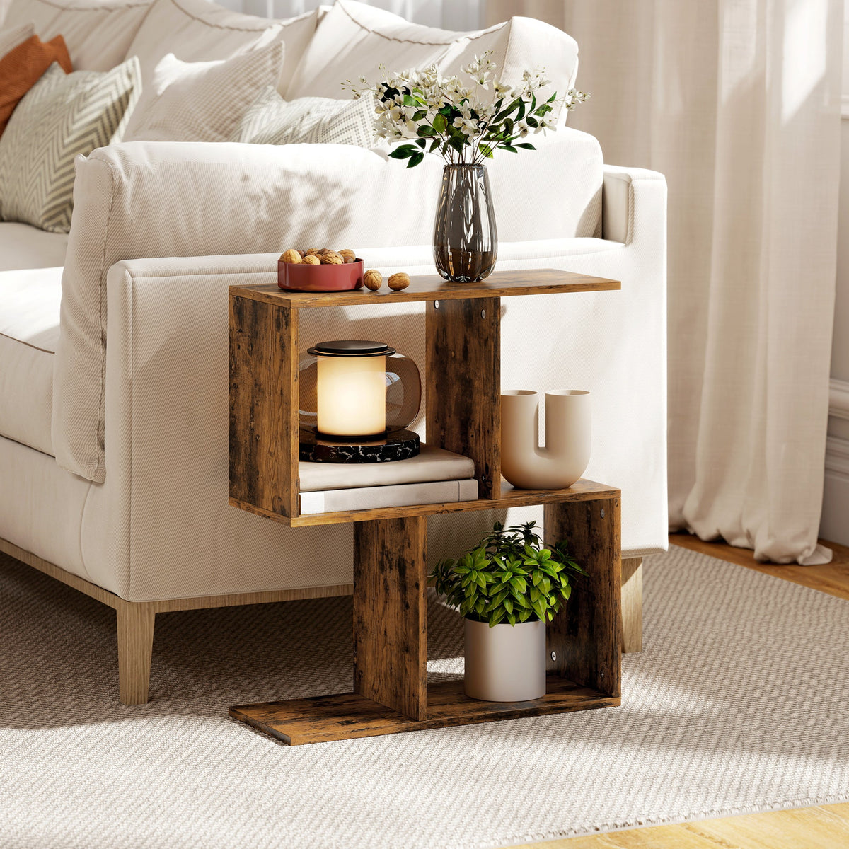 HOMCOM Side Table, Narrow End Table with Storage Shelves, S-Shaped, 3-Tier, 50W x 19.5D x 58H cm, Rustic Brown