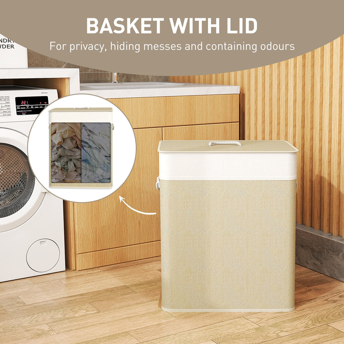 HOMCOM Double Laundry Basket with Lid, 100L Bamboo Laundry Hamper with Rope Handles, Washing Basket with Removable Liner for Bathroom, Bedroom, Cream White