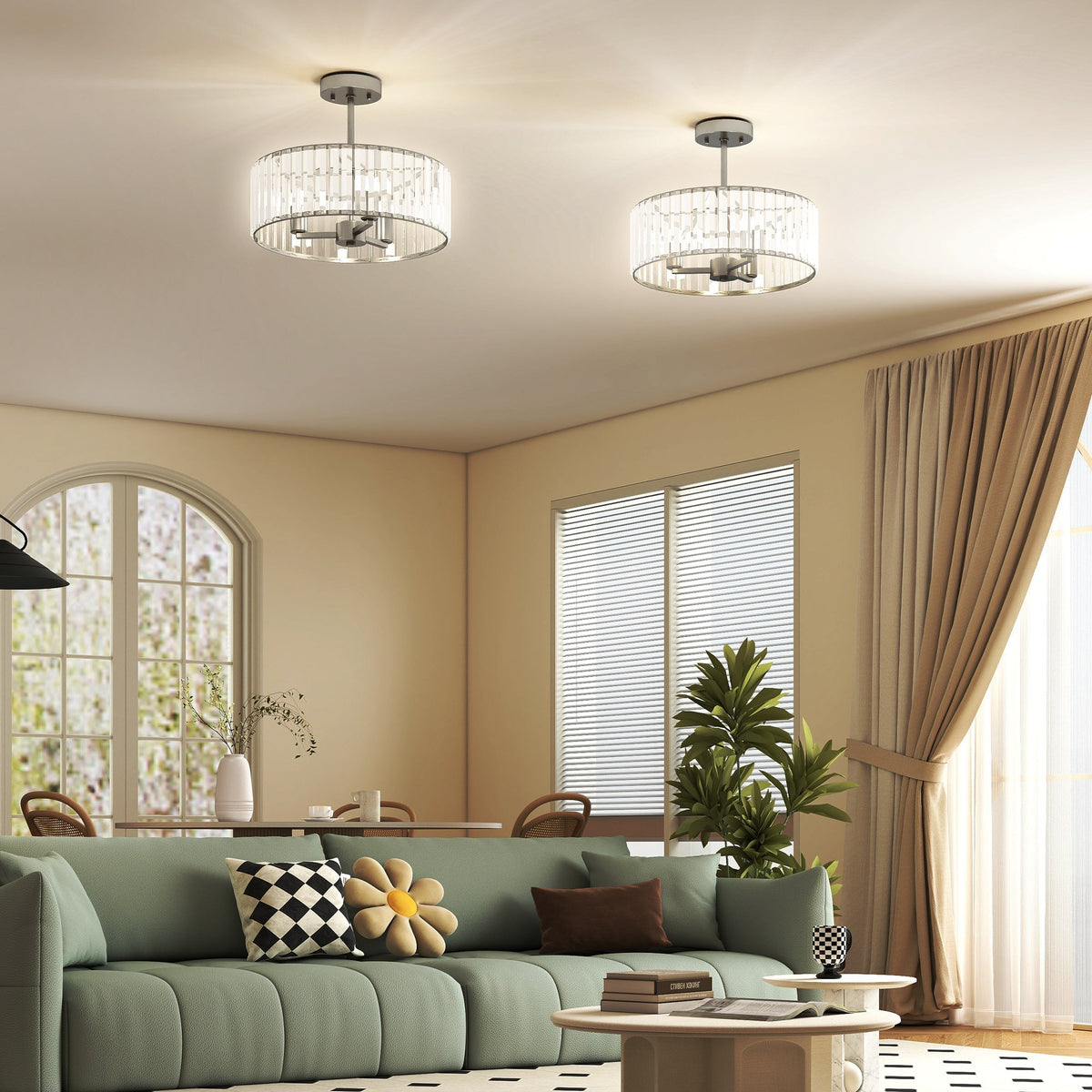 HOMCOM Crystal Ceiling Light Fixture Set of 2, Semi Flush Mount Modern Chandelier for Living Room, Bedroom and Hallway, 3-Lights with E14 Base, Silver Tone