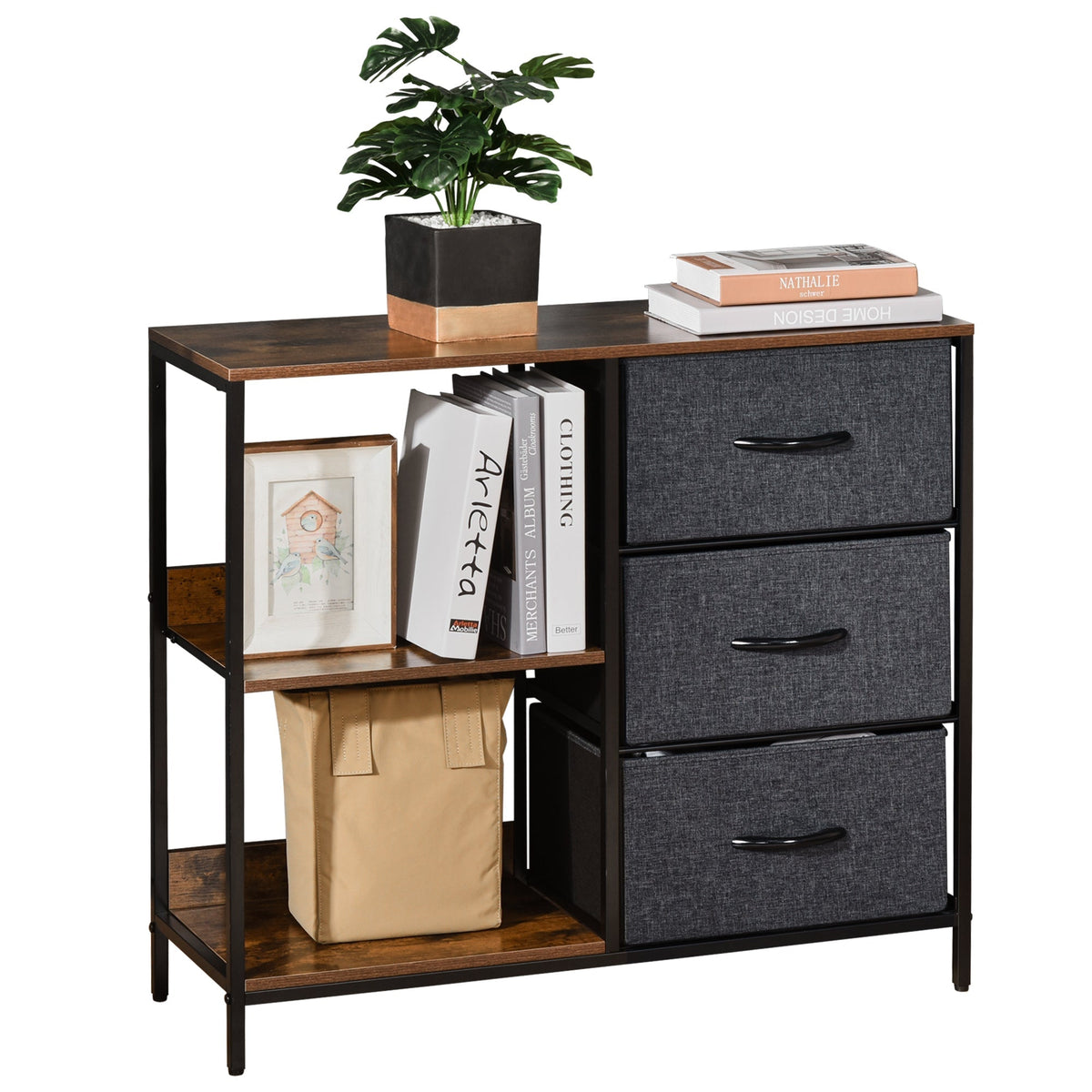 HOMCOM Chest of Drawers Storage Dresser Cabinet Organizer with 3 Fabric Drawers and 2 Display Shelves for Living Room, Bedroom, Hallway, Black