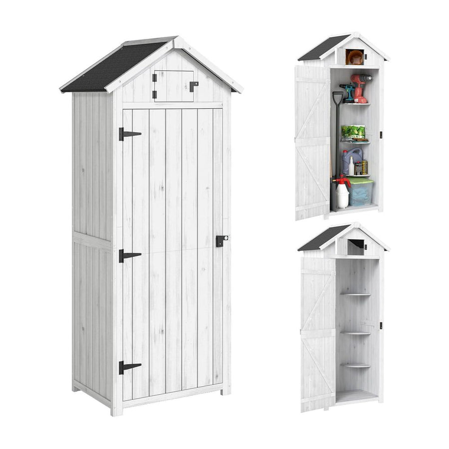 Outsunny Small Shed, Tall Slim Wooden Garden Shed with 3 Removable Shelves and Roof Hatch, Compact Outdoor Tool Storage