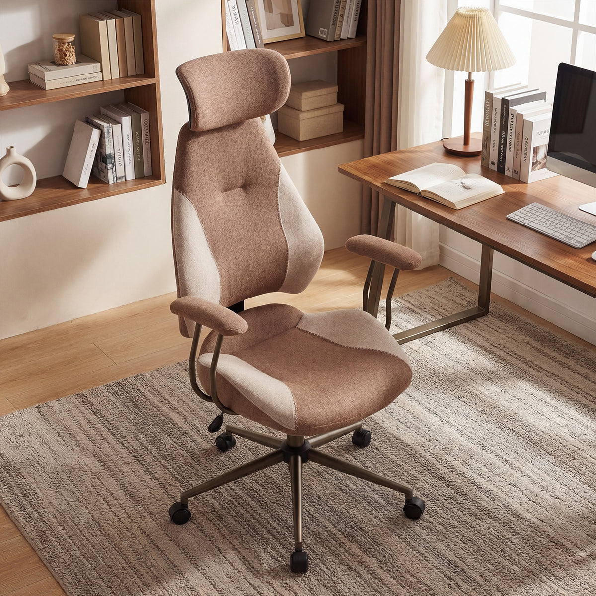 Office Chair with 2D Adjustable Headrest Elastic Sponge Filling-Brrown
