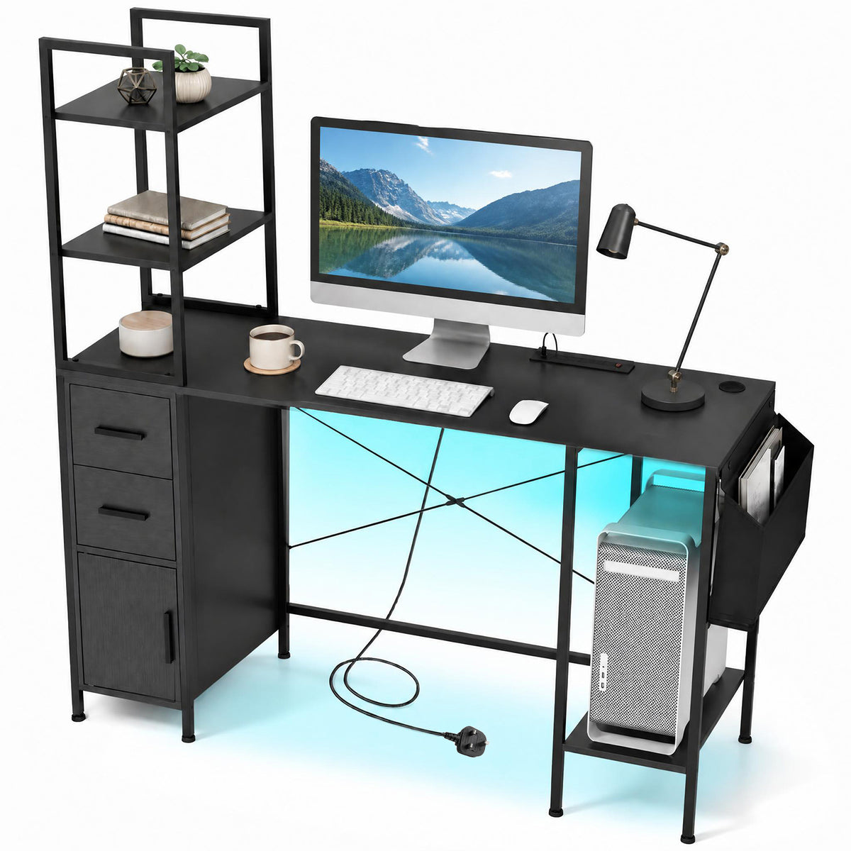 Office Desk with LED Lights in Black