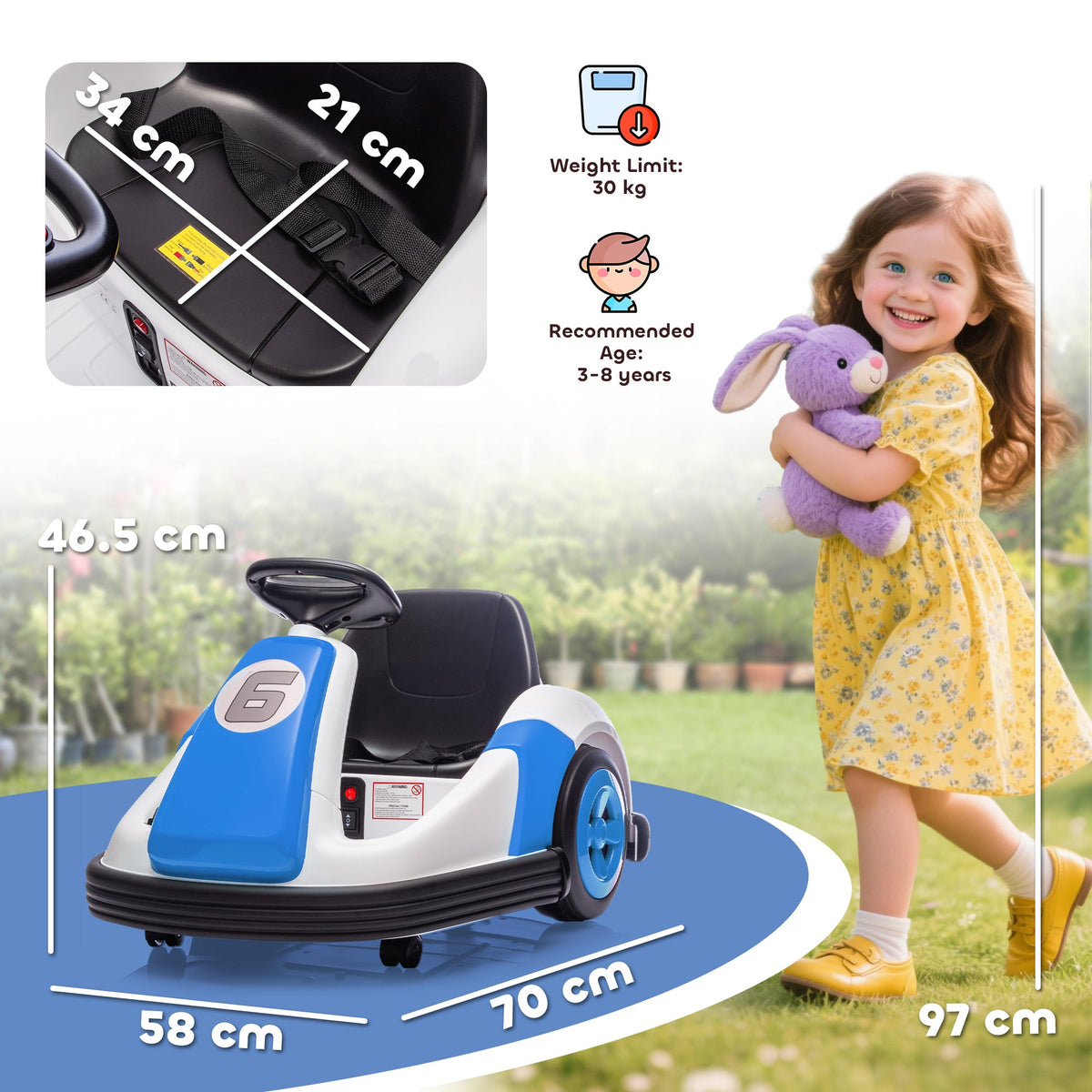AIYAPLAY Kids Bumper Car with 360-Degree Rotation, 6V Electric Ride On Car with Music and Horn for 3-8 Years Old, Blue