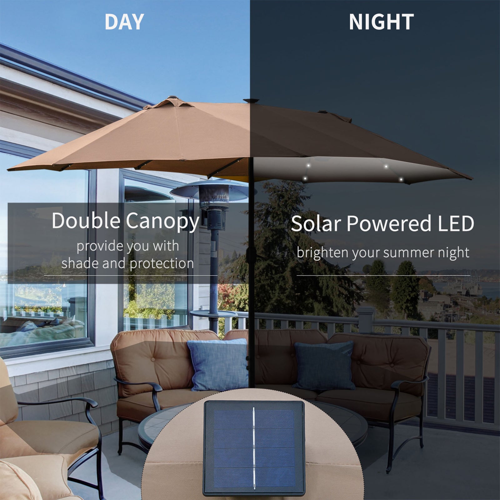 Outsunny Garden Parasol 4.4m Double-Sided Sun Umbrella Patio Parasol LED Solar Lights Khaki