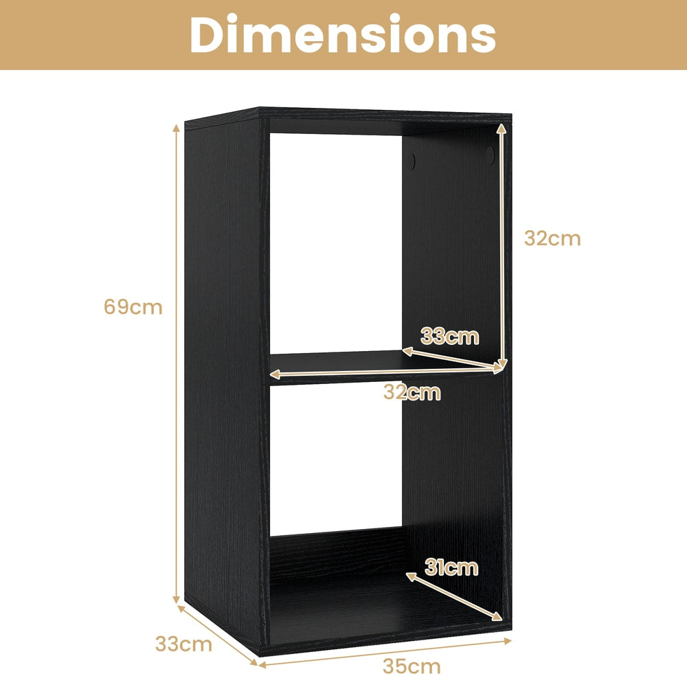 Dimensions diagram for the black two-tier bookcase showing height, width and depth