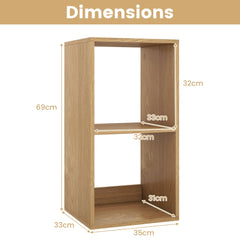 Dimensions of the natural wood open back 2-tier bookshelf with height and width measurements