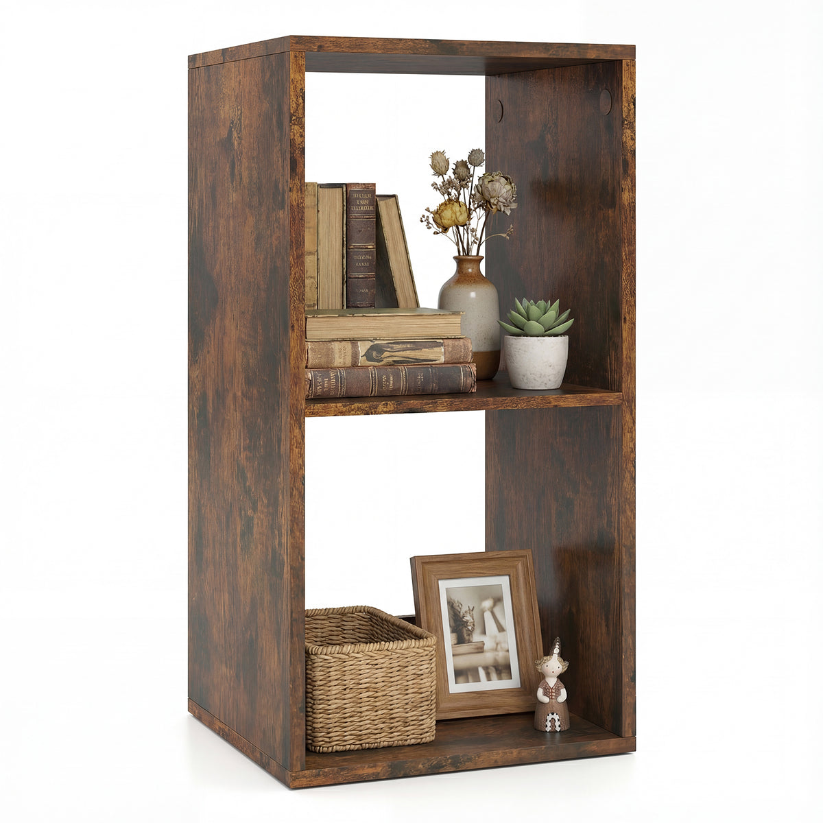 Open Back 2-tier Bookshelf with Anti-toppling Kit in Rustic Brown