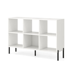 Rear view of the white wooden open bookshelf with black metal legs