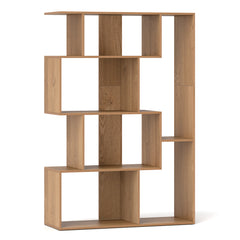 The empty geometric bookcase showing the open-back design and natural wood grain finish
