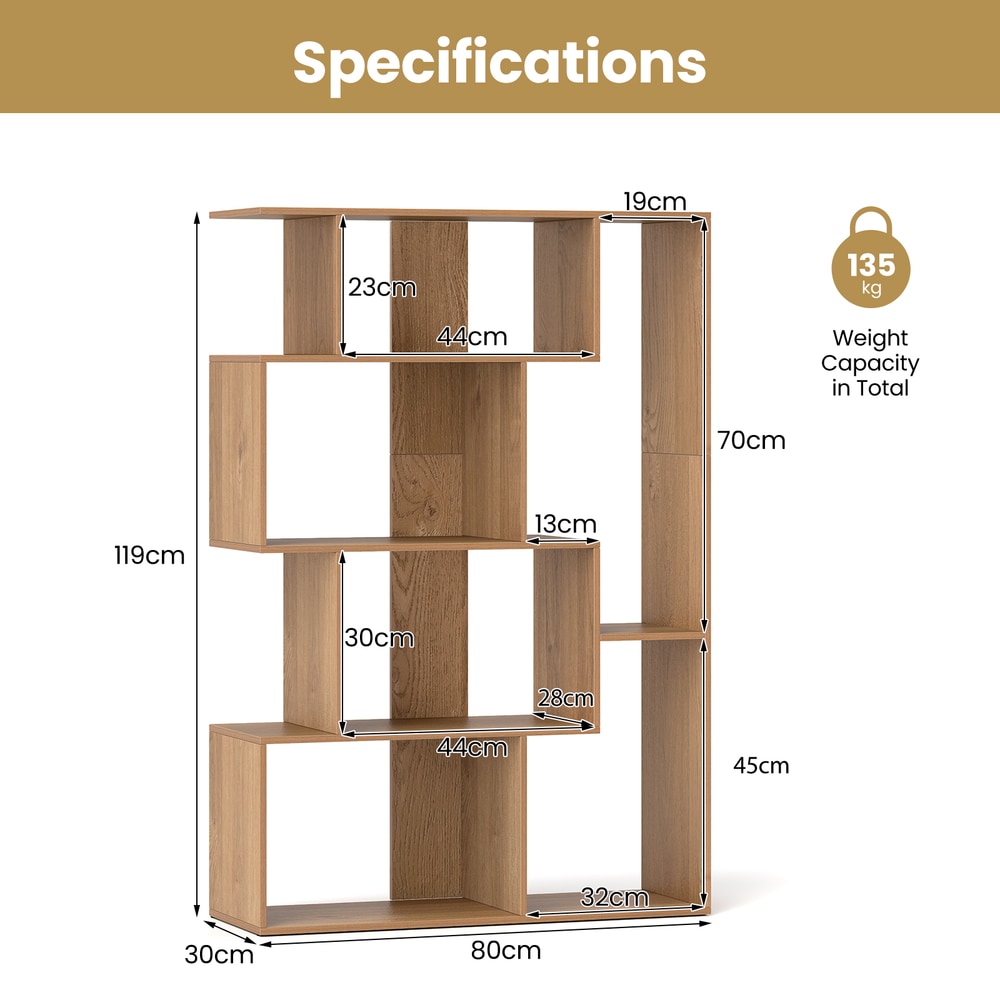 The natural wood geometric bookcase with dimensions and weight capacity shown