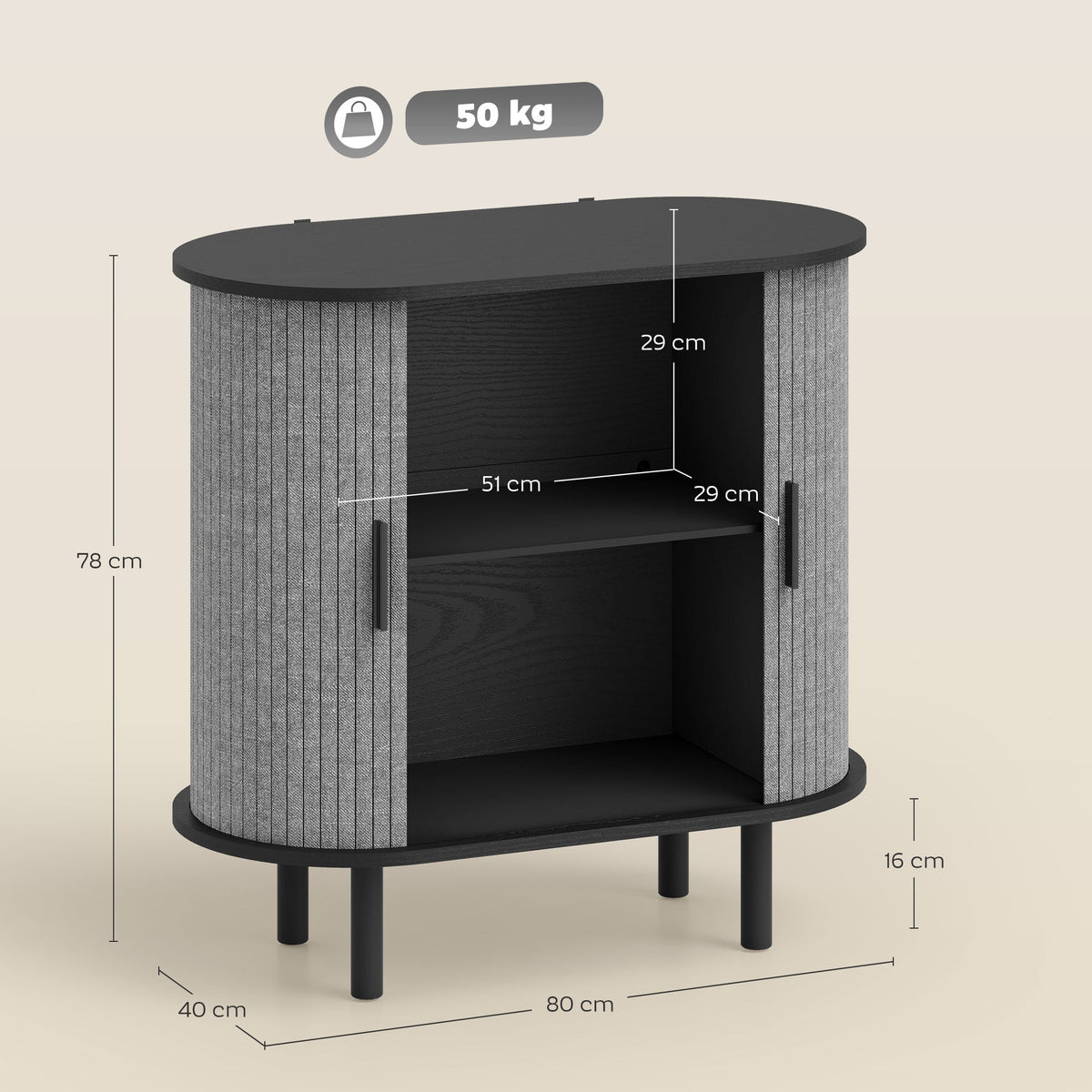 HOMCOM Tambour Sideboard with Fluted Sliding Doors, Modern Kitchen Cupboard with Storage Shelves and Wooden Legs, Grey