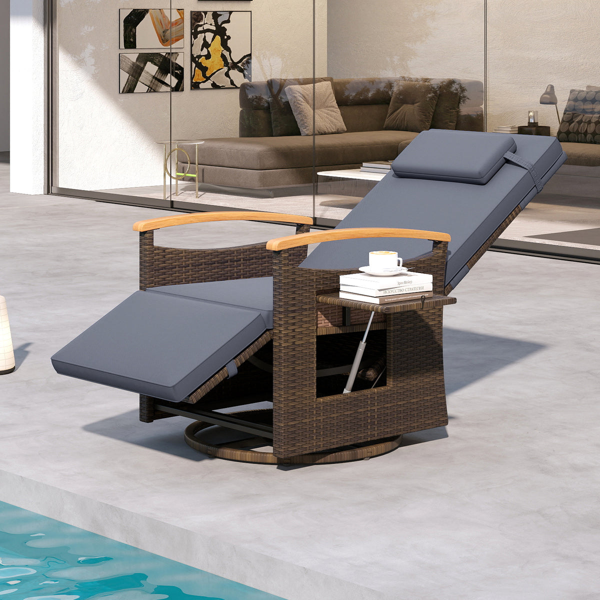Outdoor 360° Swivel Rattan Recliner Chair with Adjustable Backrest and Footrest-Grey