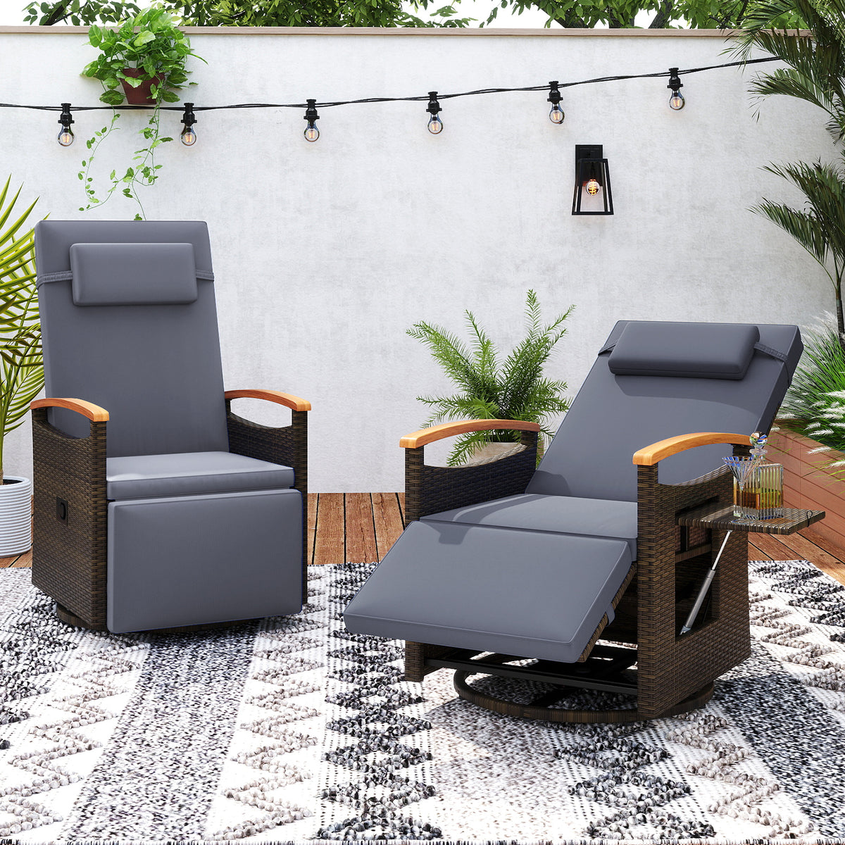 Outdoor 360° Swivel Rattan Recliner Chair with Adjustable Backrest and Footrest-Grey