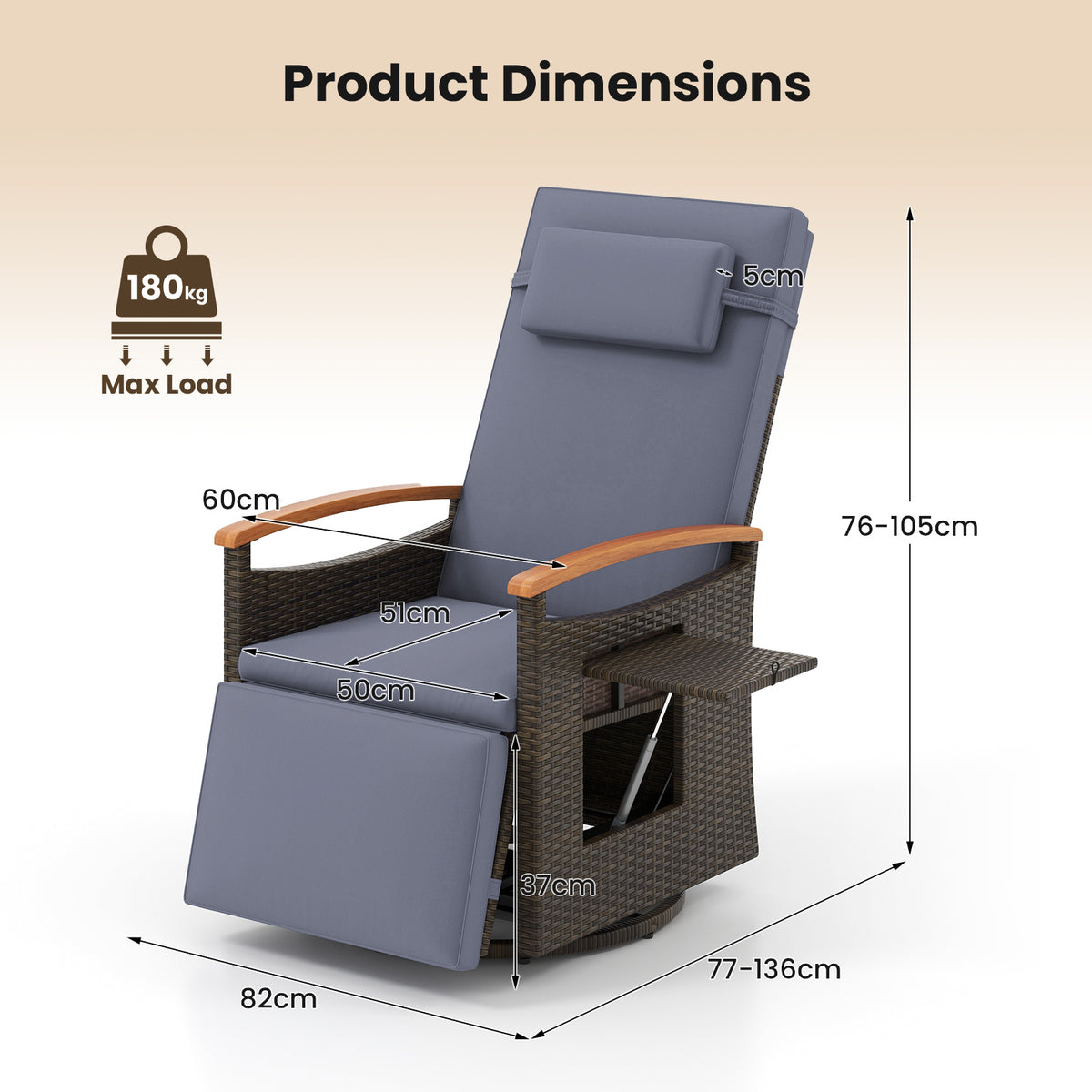 Outdoor 360° Swivel Rattan Recliner Chair with Adjustable Backrest and Footrest-Grey