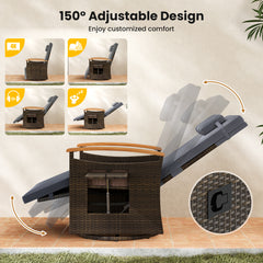 Outdoor 360° Swivel Rattan Recliner Chair with Adjustable Backrest and Footrest-Grey
