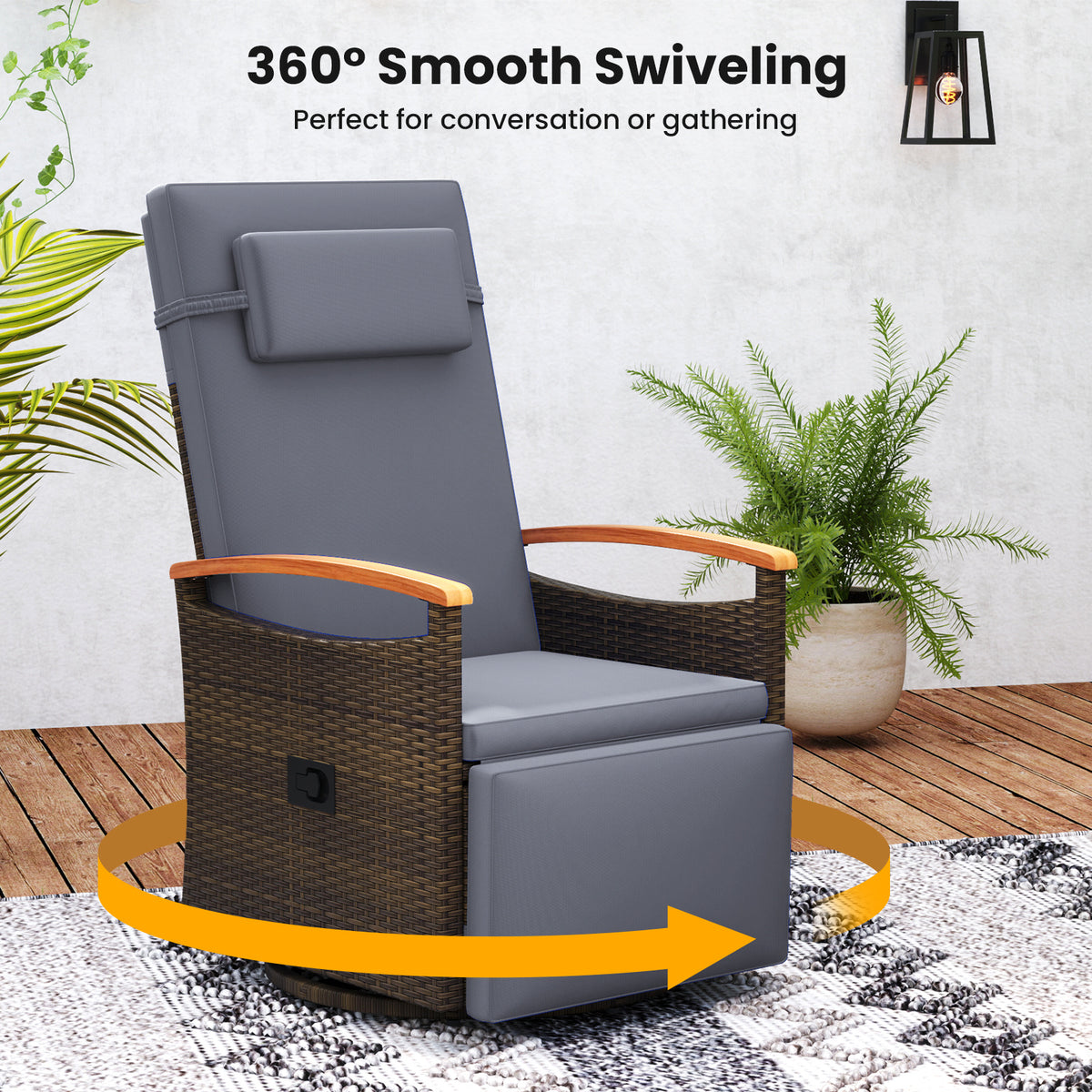 Outdoor 360° Swivel Rattan Recliner Chair with Adjustable Backrest and Footrest-Grey