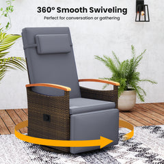 Outdoor 360° Swivel Rattan Recliner Chair with Adjustable Backrest and Footrest-Grey