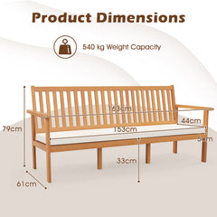 Outdoor Acacia Wood Bench 3-Seat Patio Bench with Removable Seat Cushion-White