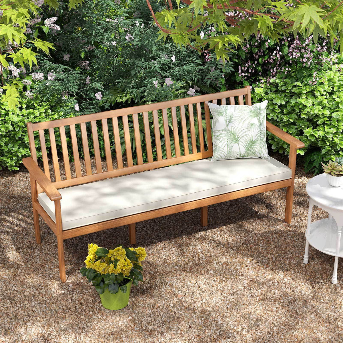 Outdoor Acacia Wood Bench 3-Seat Patio Bench with Removable Seat Cushion-White