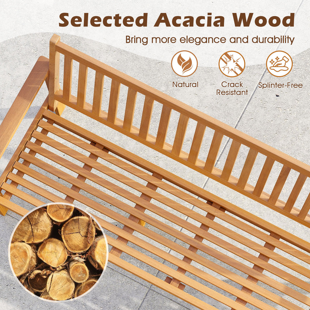 Outdoor Acacia Wood Bench 3-Seat Patio Bench with Removable Seat Cushion-White