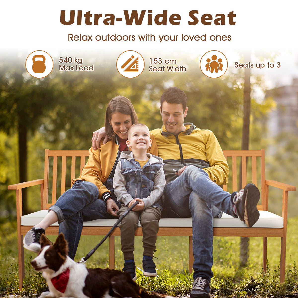 Outdoor Acacia Wood Bench 3-Seat Patio Bench with Removable Seat Cushion-White