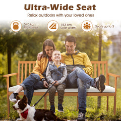 Outdoor Acacia Wood Bench 3-Seat Patio Bench with Removable Seat Cushion-White