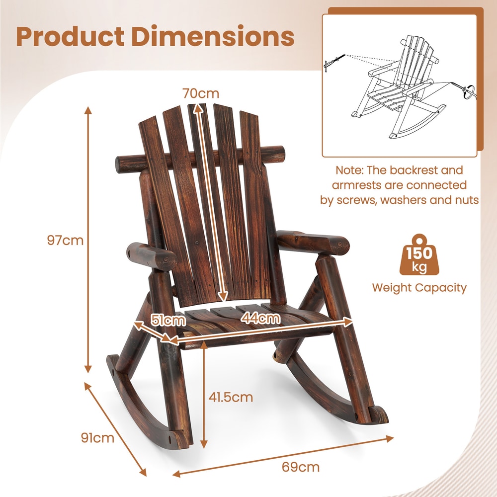 Diagram showing the dimensions of the wooden Adirondack rocking chair