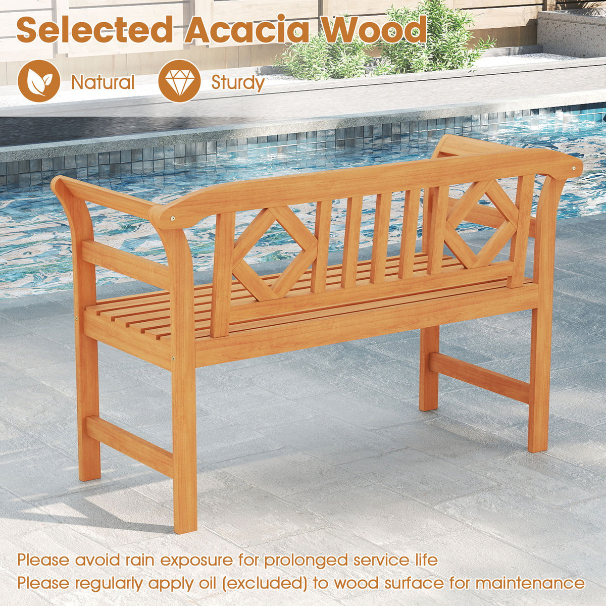Outdoor Bench Acacia Wood 2-Person Patio Loveseat with Backrest Garden Bench